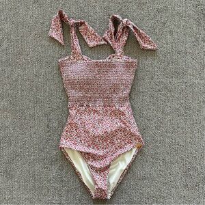 Smocked Tie-Shoulder One-Piece Swimsuit in Pink Floral